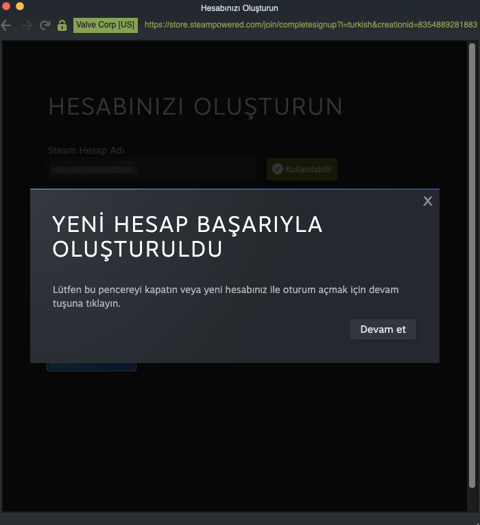 Steam Yeni Hesap Başarıyla Oluşturuldu